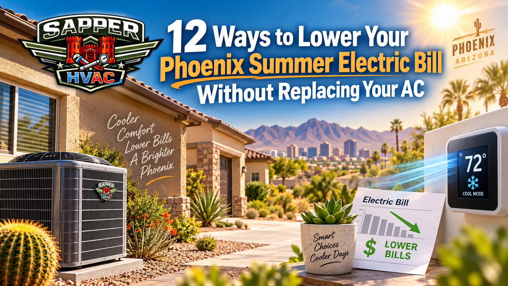 Sapper HVAC technician rinsing an outdoor AC condenser coil at a Phoenix AZ home