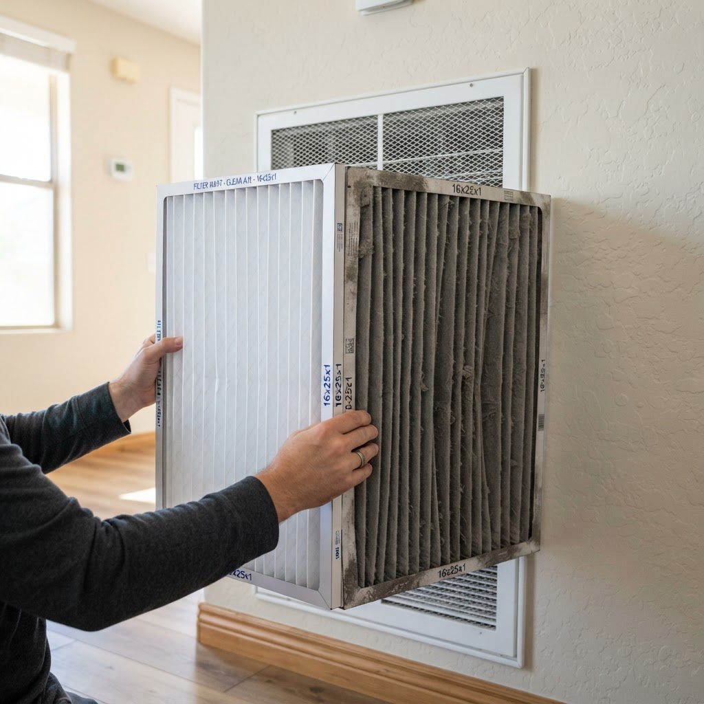 Clean pleated air filter next to a dust loaded filter pulled from a Phoenix home