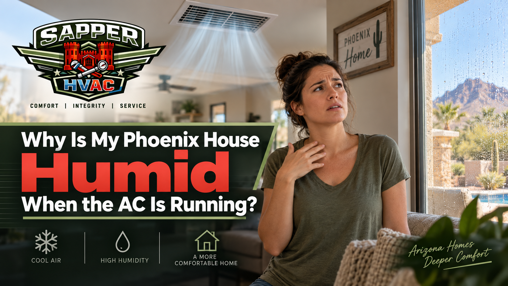 Phoenix homeowner checking indoor humidity on a digital hygrometer while the AC runs