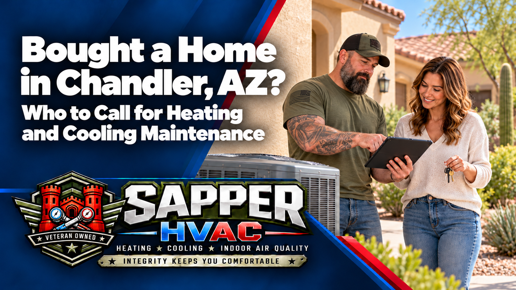 New Chandler AZ homeowner reviewing HVAC service records with a technician