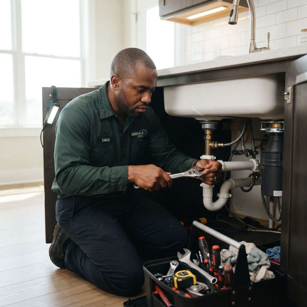 Black handyman fixing household plumbing