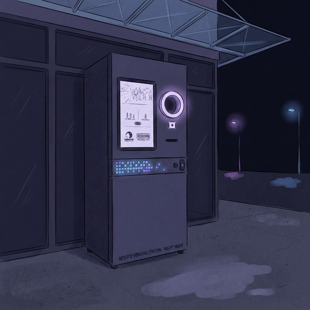 Reborn RVM at a retail entrance at night