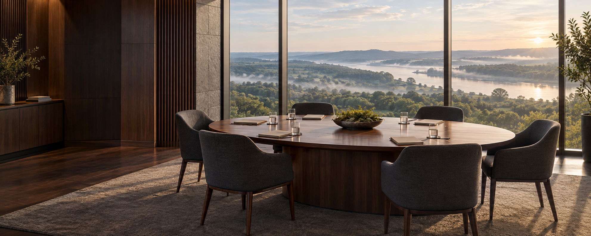 Executive boardroom overlooking the I-71 corridor at sunrise