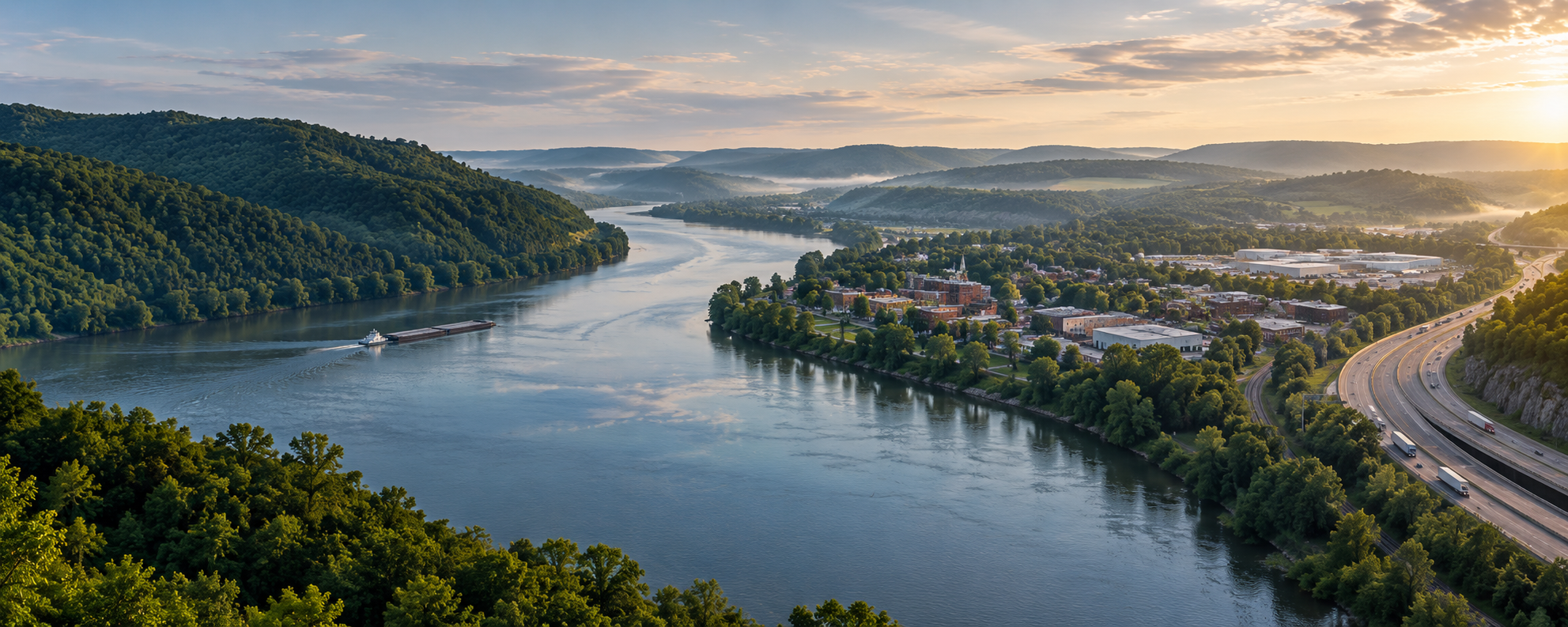 Aerial view of the I-71 corridor river valley at golden hour