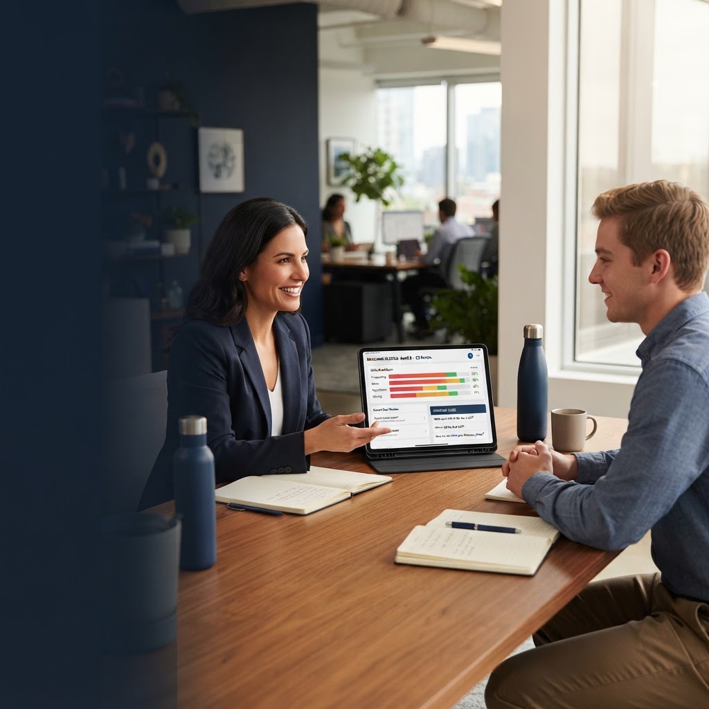 Sales manager and rep in a one-on-one coaching conversation reviewing a SalesIndex coaching report on a tablet