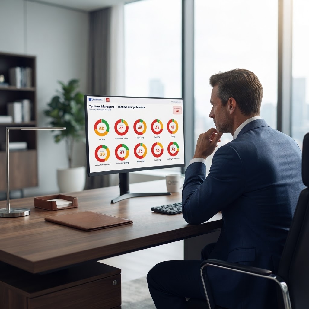 Executive reviewing a SalesIndex team heatmap dashboard with red, yellow, and green competency scores