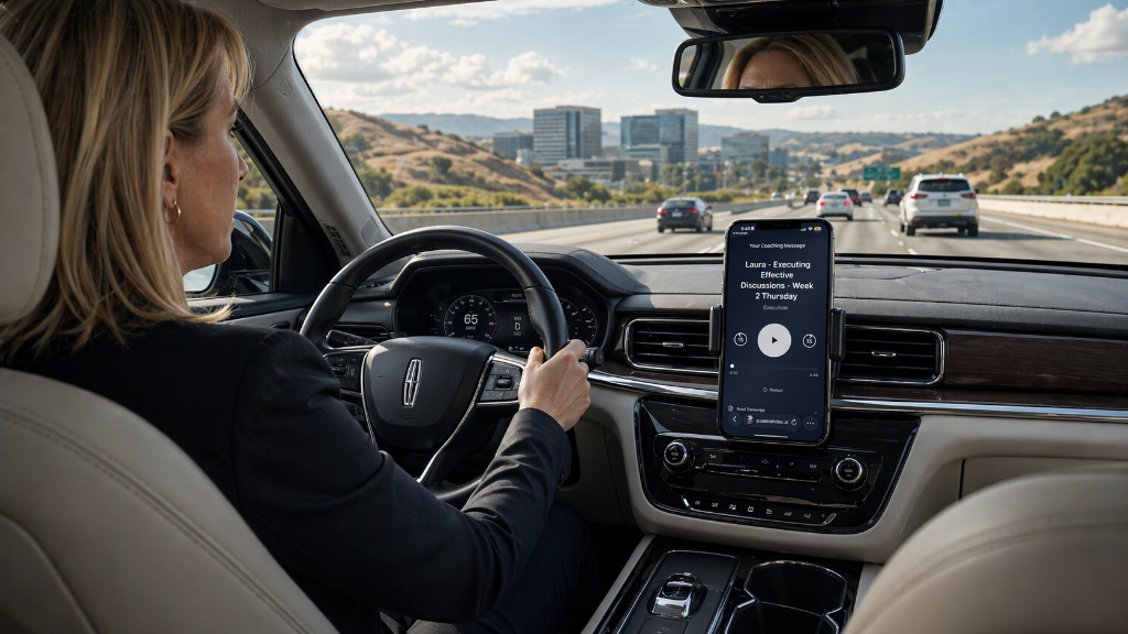 Salesperson driving while listening to personalized coaching audio