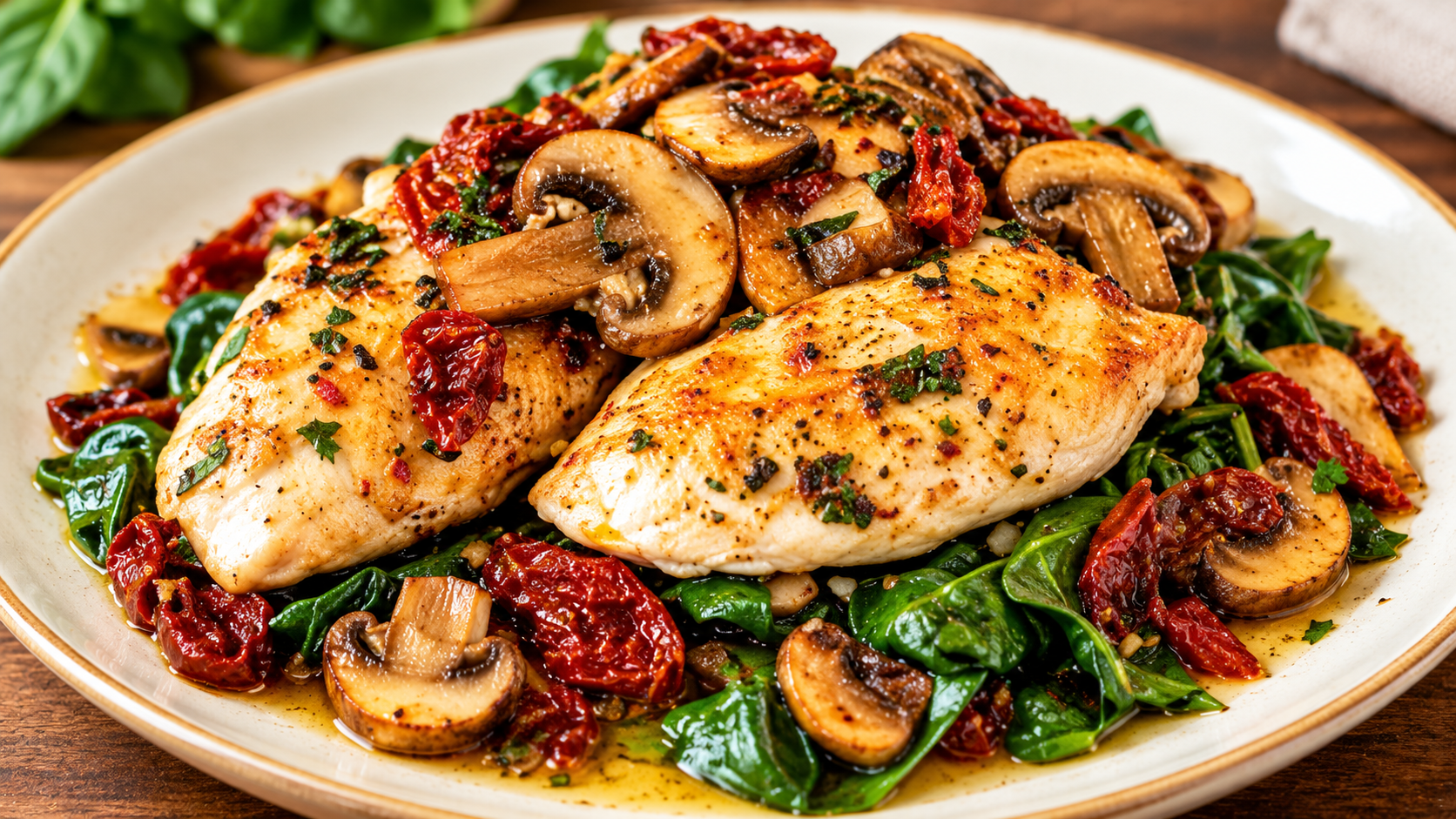 Pollo con espinacas y champiñones