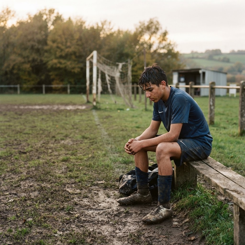 Jeune footballeur assis seul sur un banc de terrain amateur, visiblement épuisé, en fin d'après-midi