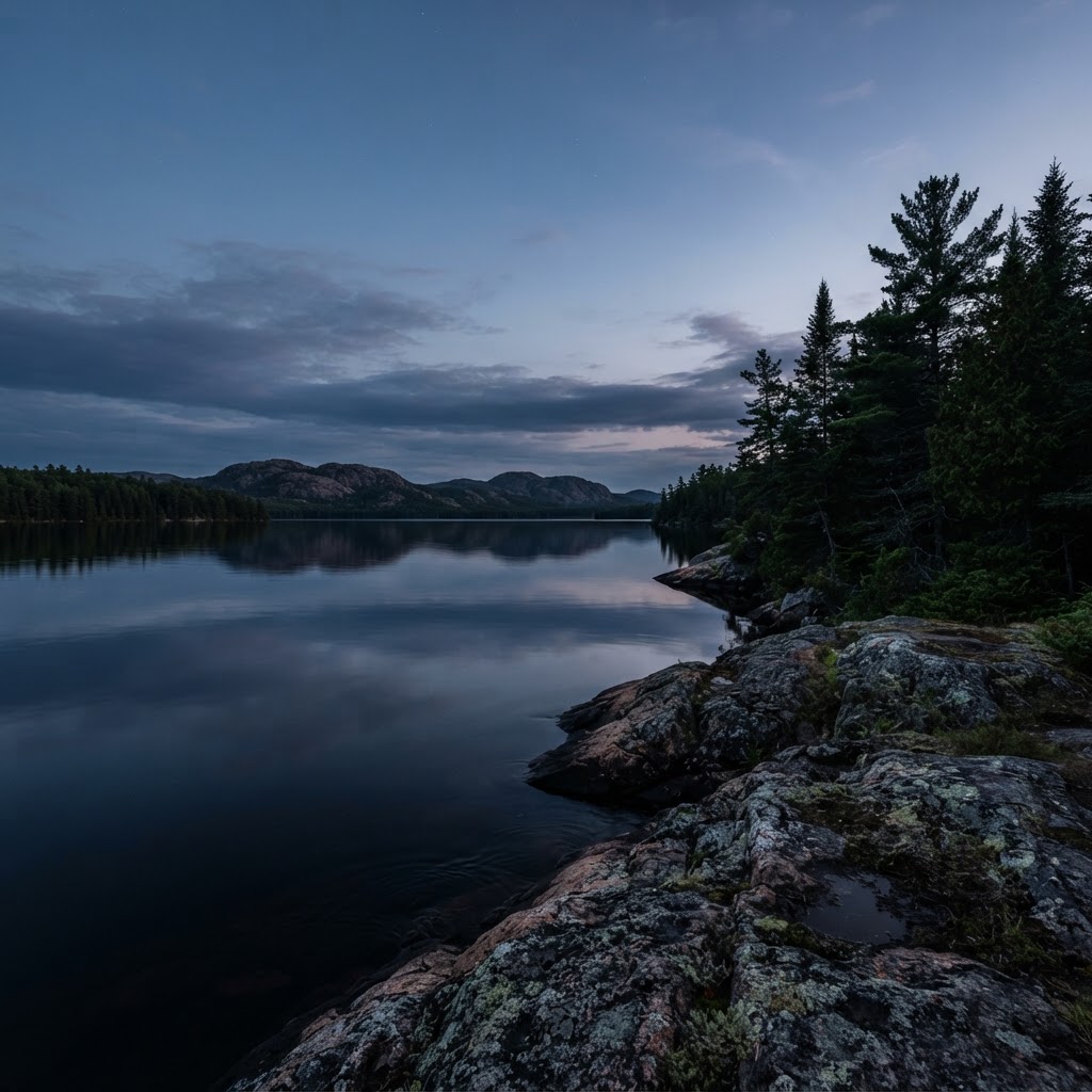 Northern Ontario lake and rocky evergreen shoreline at dusk