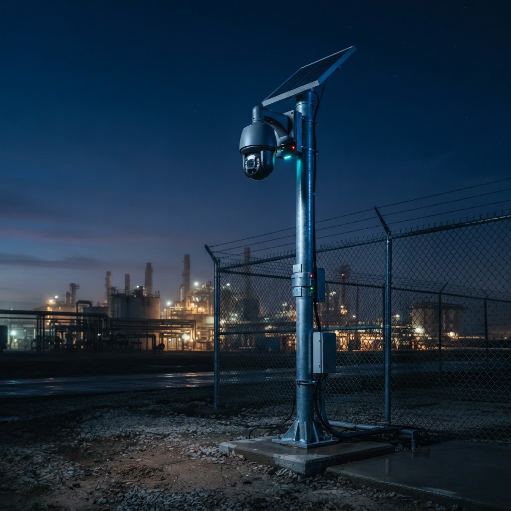 Solar-powered surveillance camera mast at a remote industrial site