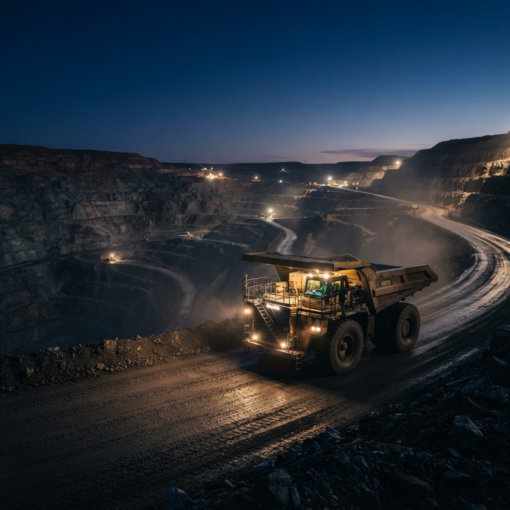 Haul truck at an open-pit mine at blue hour