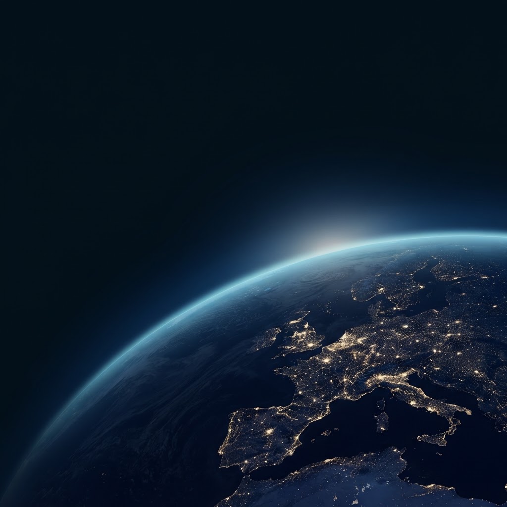 Earth’s illuminated horizon and connected cities seen from orbit