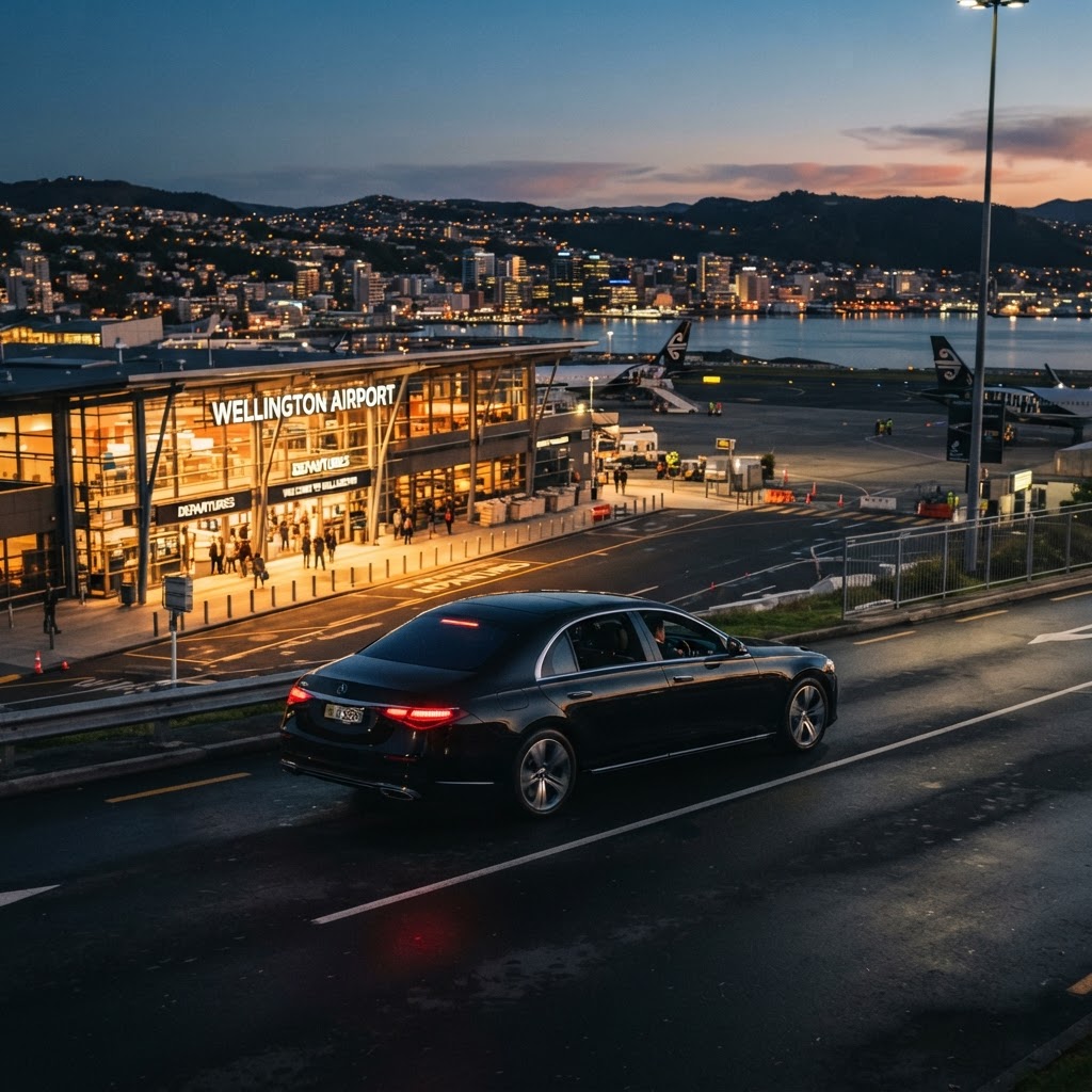 A Mercedes-Benz S-Class departing Wellington Airport terminal at dusk with the city lights of Wellington visible in the background