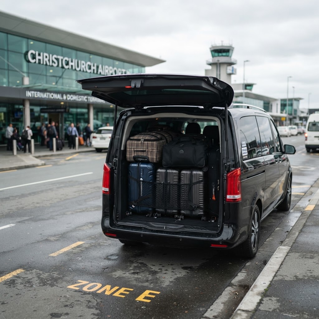 Mercedes-Benz V-Class van with rear doors open showing luggage compartment, Christchurch Airport terminal background