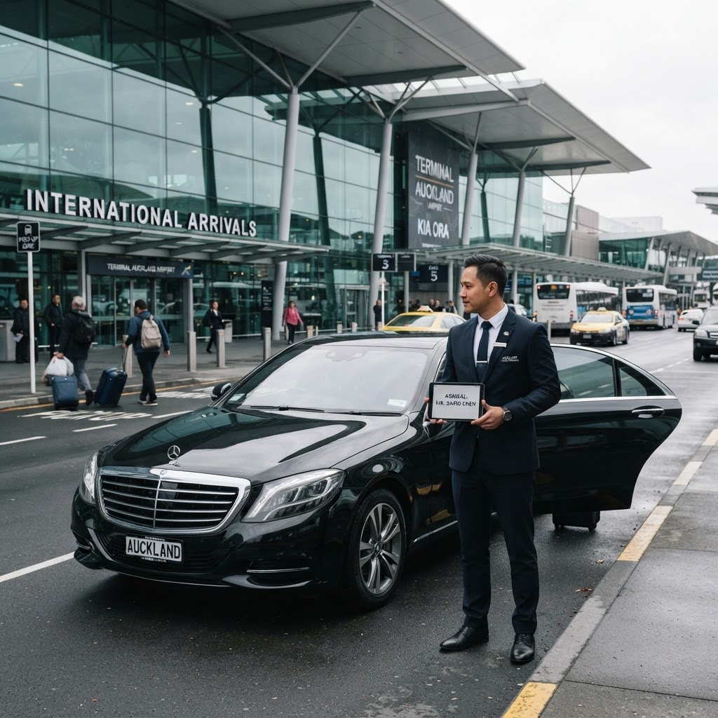 Black Mercedes-Benz luxury sedan at Auckland Airport international terminal arrival zone with professional chauffeur in corporate attire holding a tablet