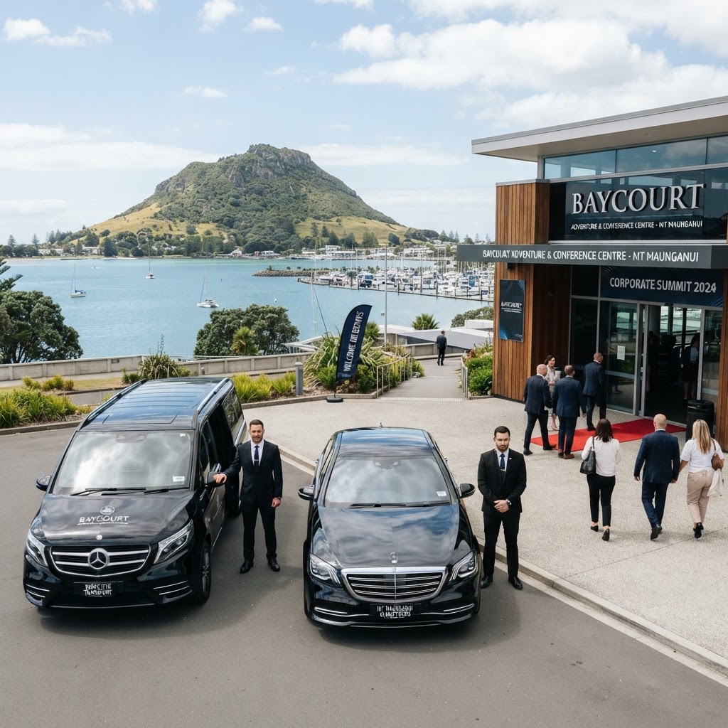 Black Mercedes-Benz luxury van and sedan parked outside a modern Tauranga conference venue at Mount Maunganui with harbour backdrop