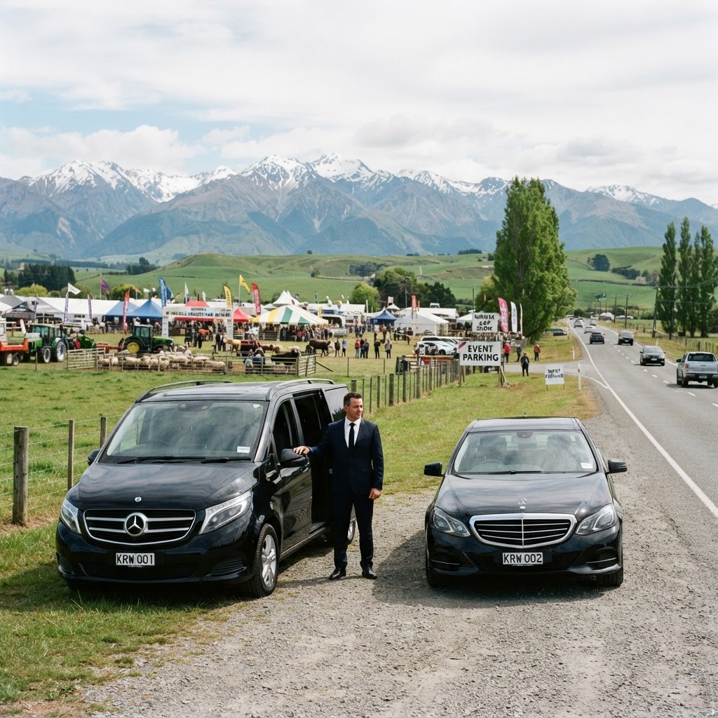 Black Mercedes-Benz luxury van and sedan on a rural Canterbury road near agricultural showgrounds at Kirwee with Southern Alps backdrop
