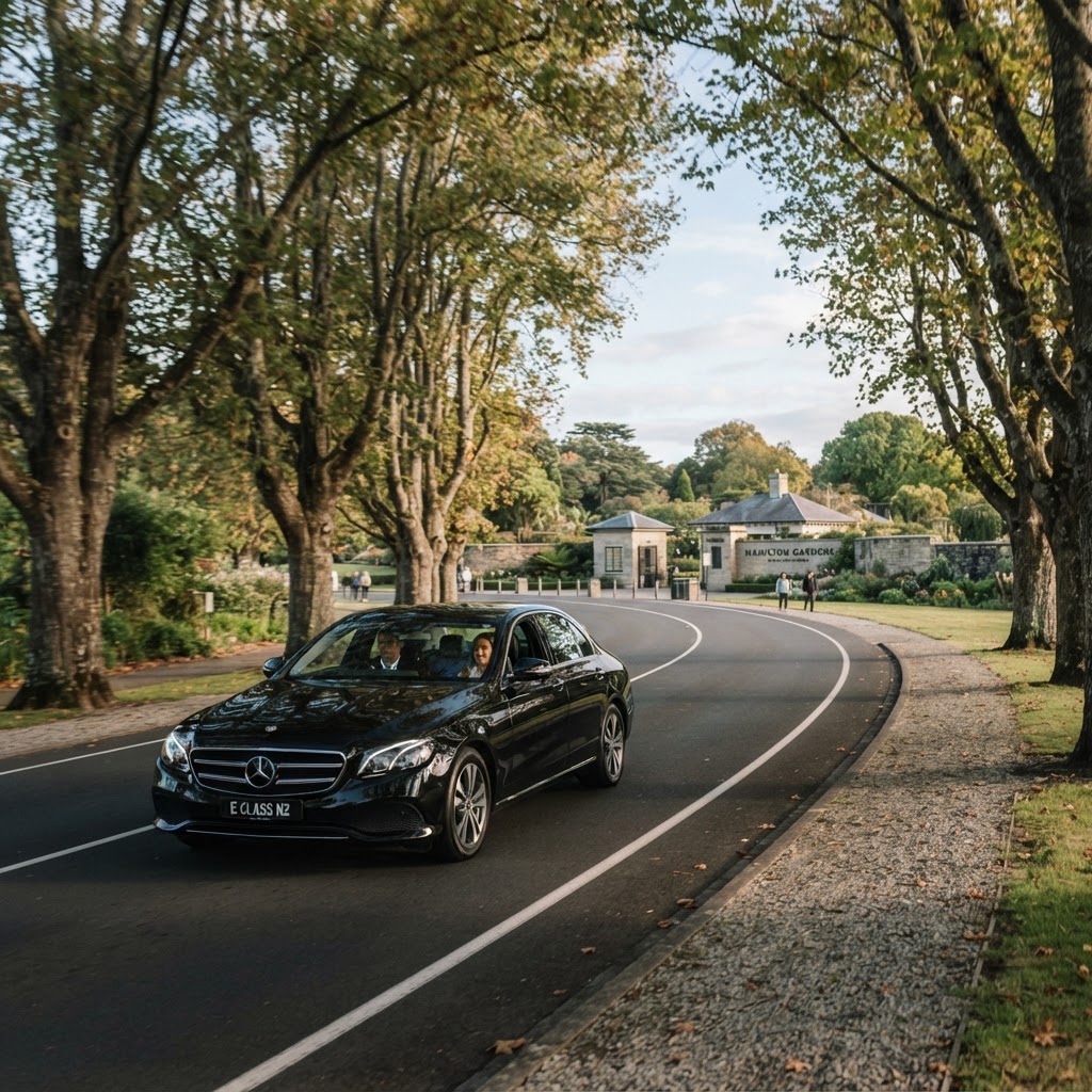 Black Mercedes-Benz sedan on a tree-lined approach to Hamilton Gardens in soft morning light