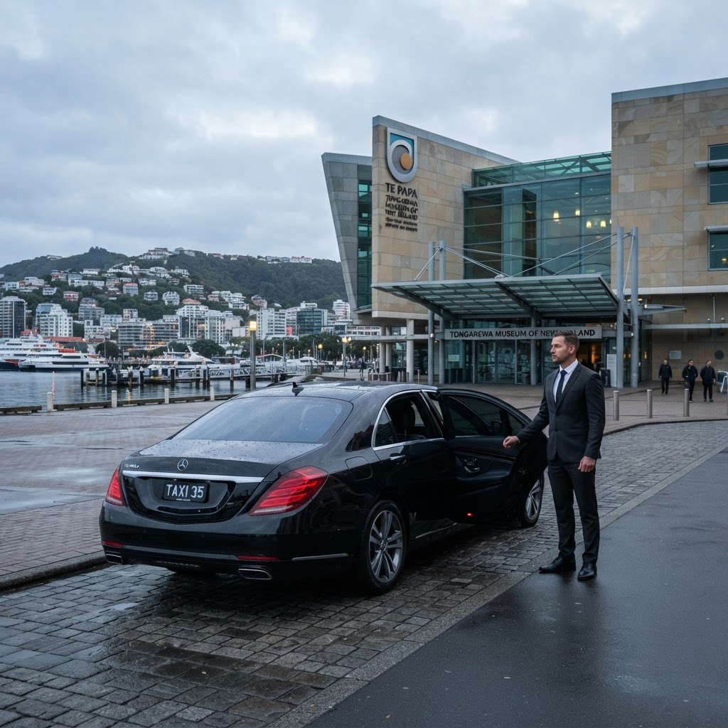 Black luxury Mercedes-Benz sedan parked outside Te Papa Tongarewa Museum of New Zealand on Wellington's waterfront at dawn with professional chauffeur in corporate attire
