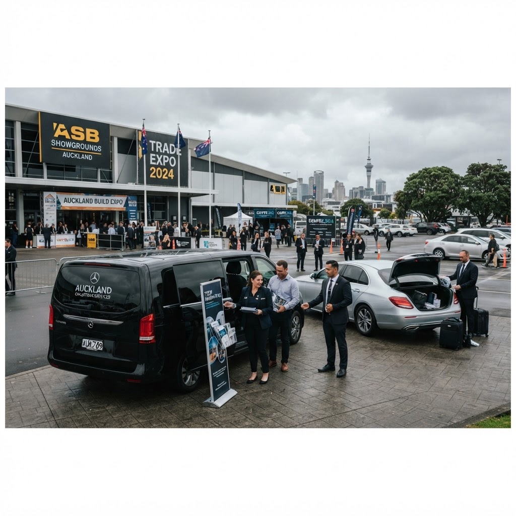 Premium Mercedes-Benz van and sedan staged outside a large Auckland exhibition venue during a trade expo