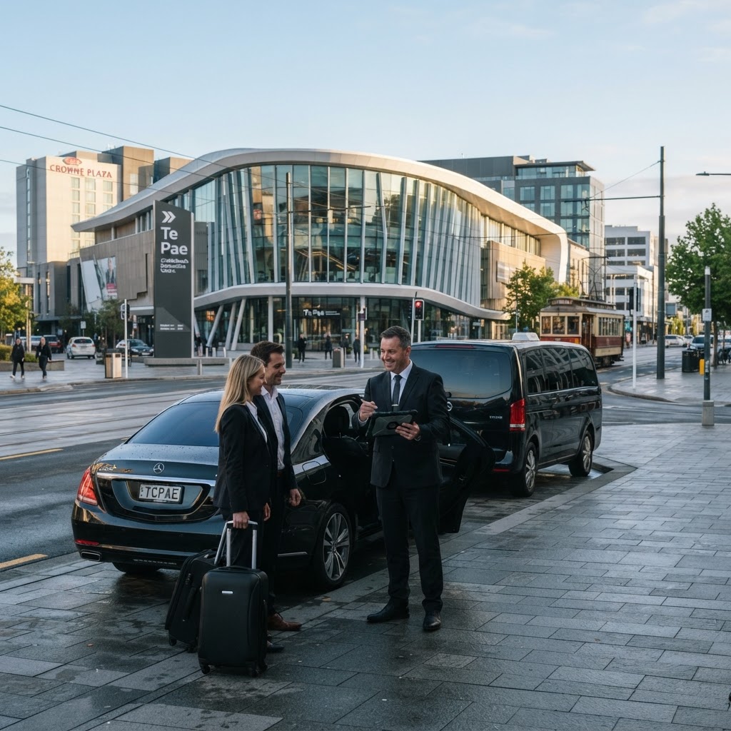 Black luxury Mercedes-Benz sedan and executive van staged outside Te Pae Christchurch Convention Centre at Armagh and Colombo Streets in early morning light with professional chauffeur briefing on tablet