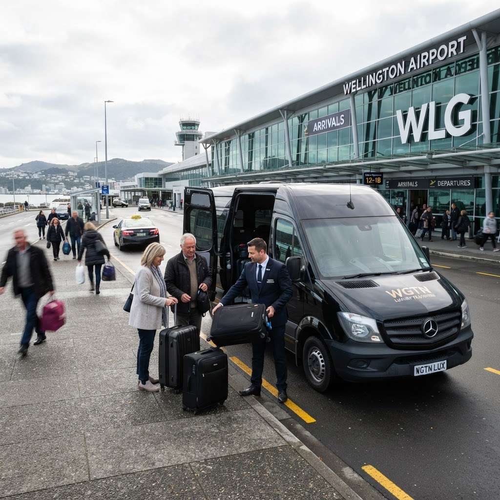 A Mercedes-Benz Sprinter at Wellington Airport terminal kerb with luggage being loaded while a professional driver assists passengers