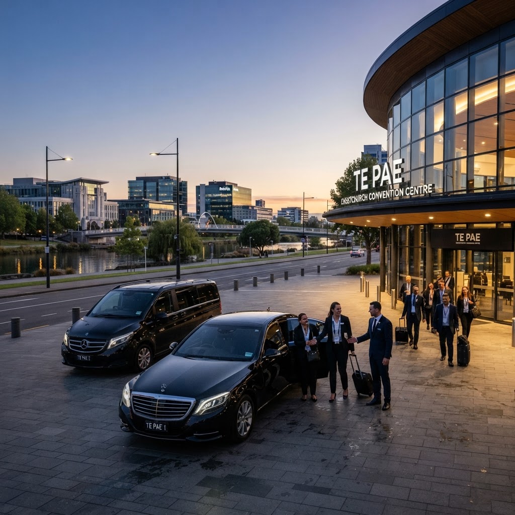 Black luxury Mercedes-Benz sedan and van parked outside Te Pae Christchurch Convention Centre on Armagh Street at dawn with professional chauffeur coordinating conference delegate transfers