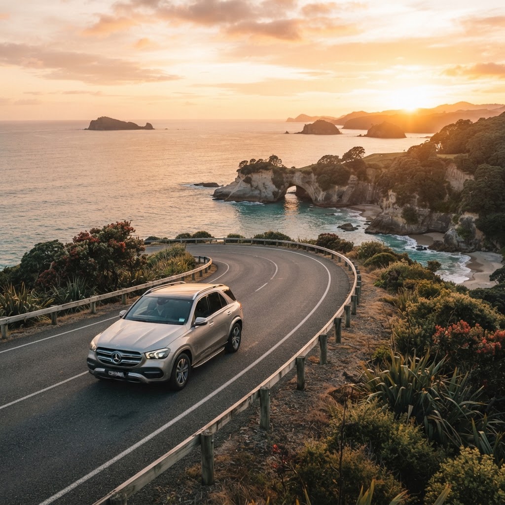 Premium Mercedes vehicle on a Coromandel coastal road with Cathedral Cove vista at golden hour