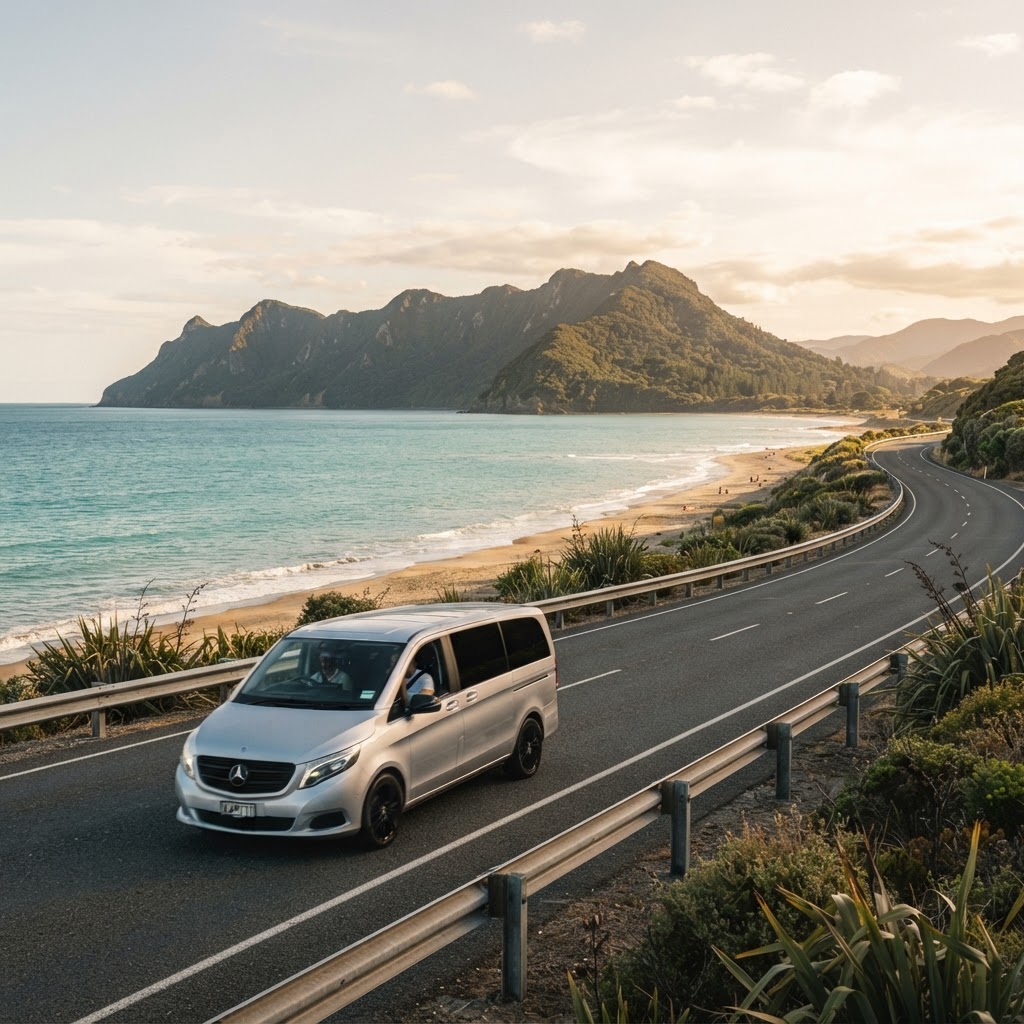 Mercedes-Benz V-Class on coastal highway with Kapiti Island visible across turquoise water, golden afternoon light
