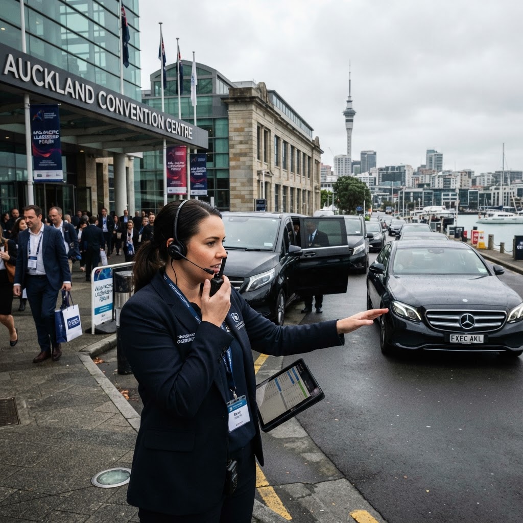 On-site transport coordinator managing vehicle movements at an Auckland convention centre