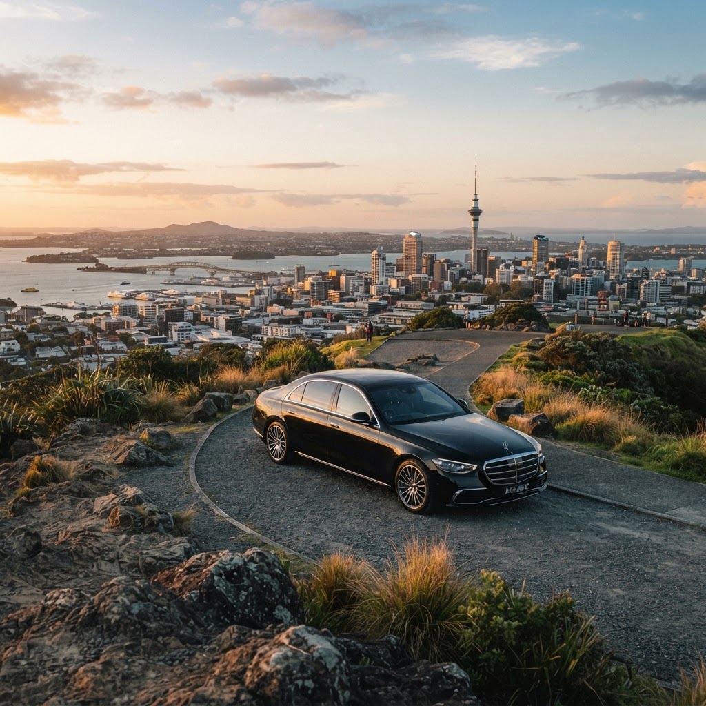 A luxury black Mercedes-Benz sedan parked at the summit of Mount Eden overlooking Auckland harbour and the Sky Tower at golden hour