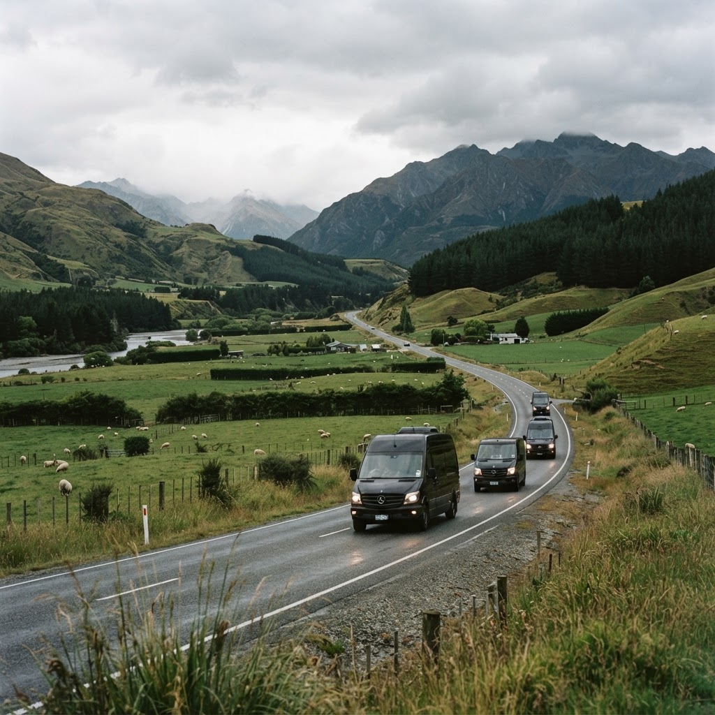 Convoy of black Mercedes vans on a rural South Island highway through agricultural land