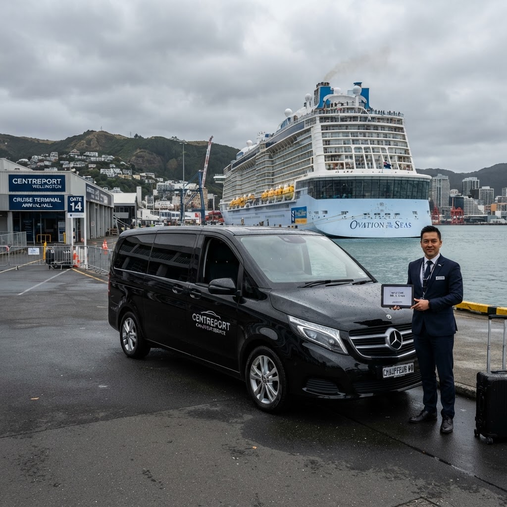 A Mercedes-Benz V-Class positioned at CentrePort Wellington cruise terminal with a cruise ship in the background and a professional driver holding an arrival tablet