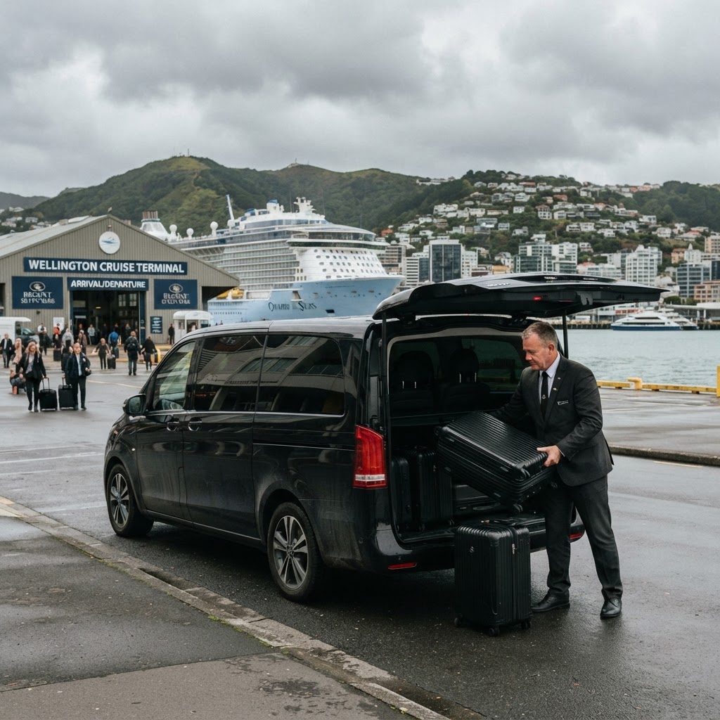 Black Mercedes-Benz V-Class long-wheelbase van parked at Wellington cruise terminal with a professional driver loading wheeled hard-shell suitcases into the rear luggage compartment, Wellington harbour and city hills backdrop