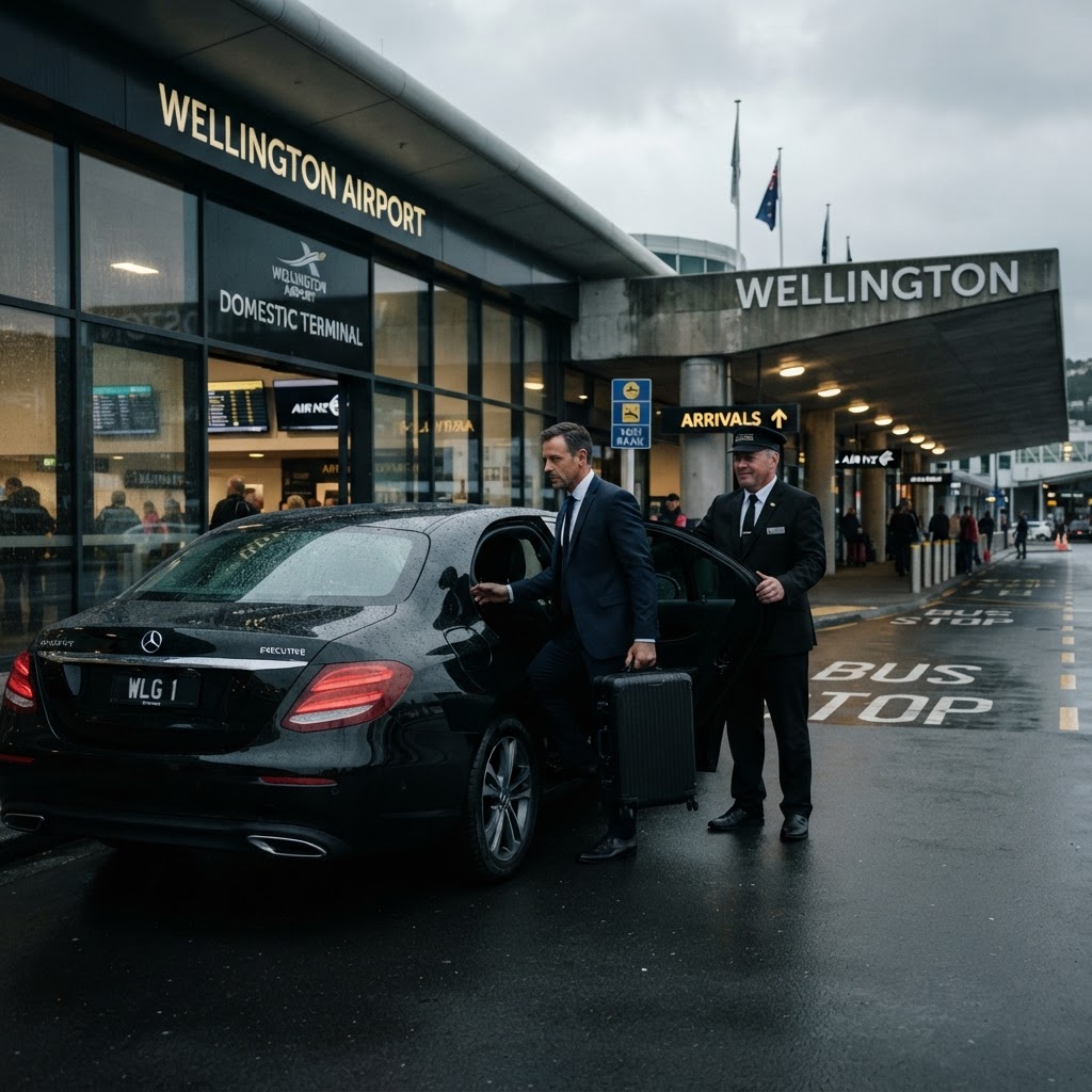 Black Mercedes-Benz E-Class at Wellington Airport domestic terminal entrance, corporate passenger boarding with carry-on luggage, overcast professional lighting