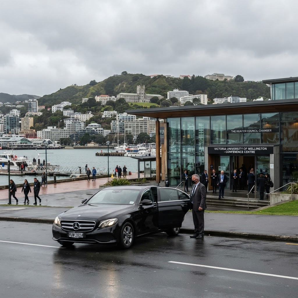 Black Mercedes sedan waiting outside a modern academic conference venue on the Wellington waterfront