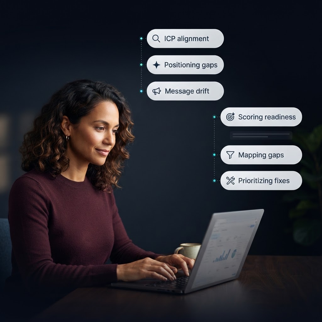 Marketing leader reviewing GTM strategy with floating analysis labels