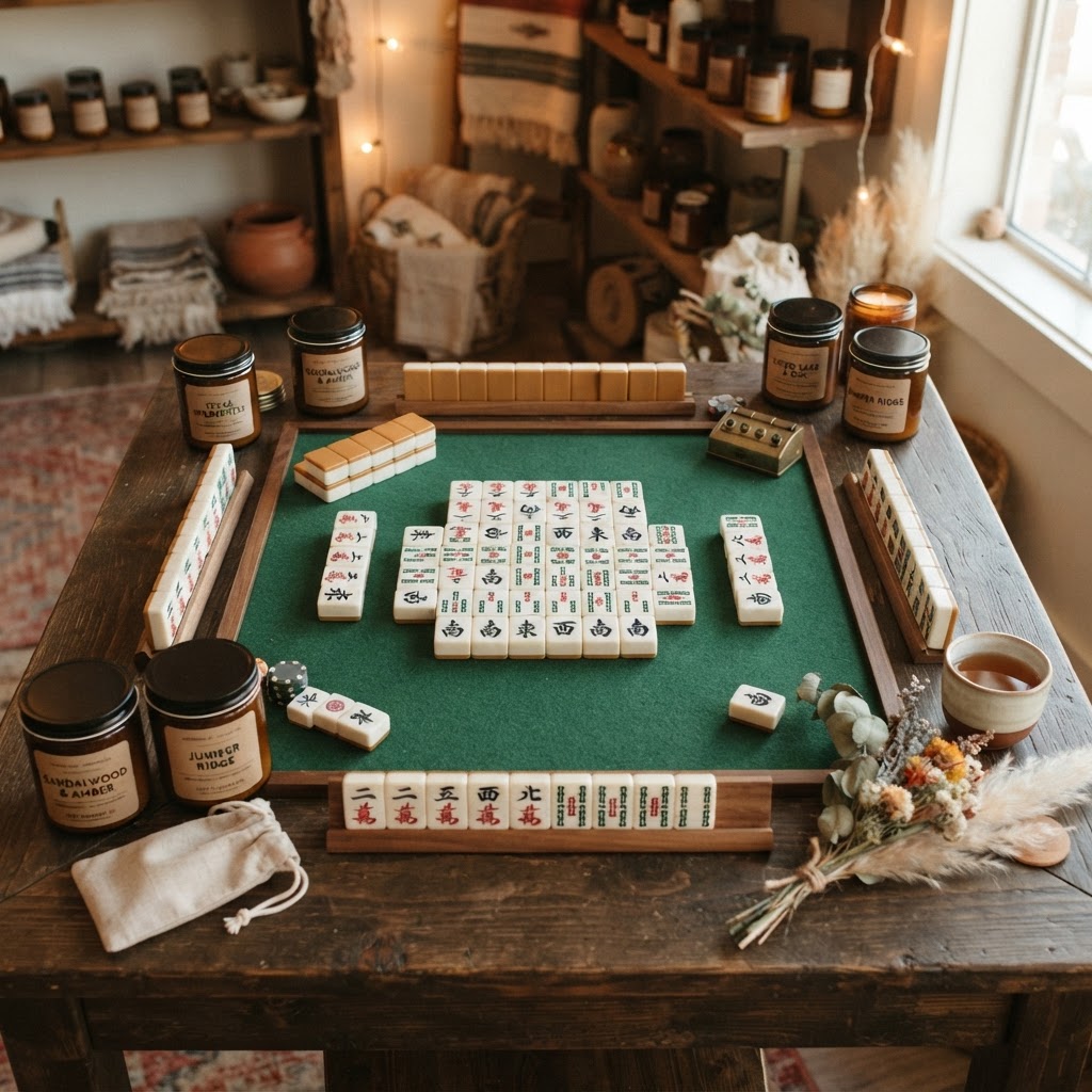 Mahjong table set up in a cozy candle shop