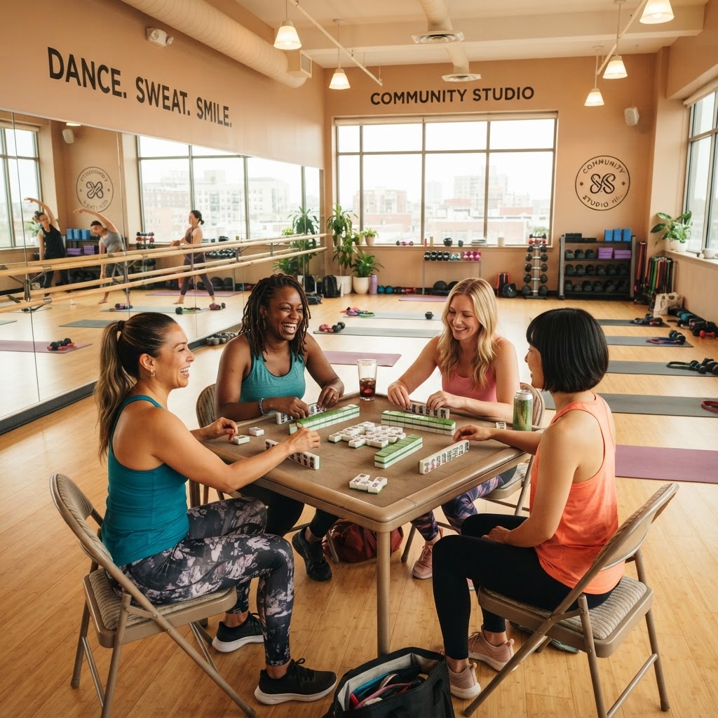 Mahjong table set up in a bright dance fitness studio