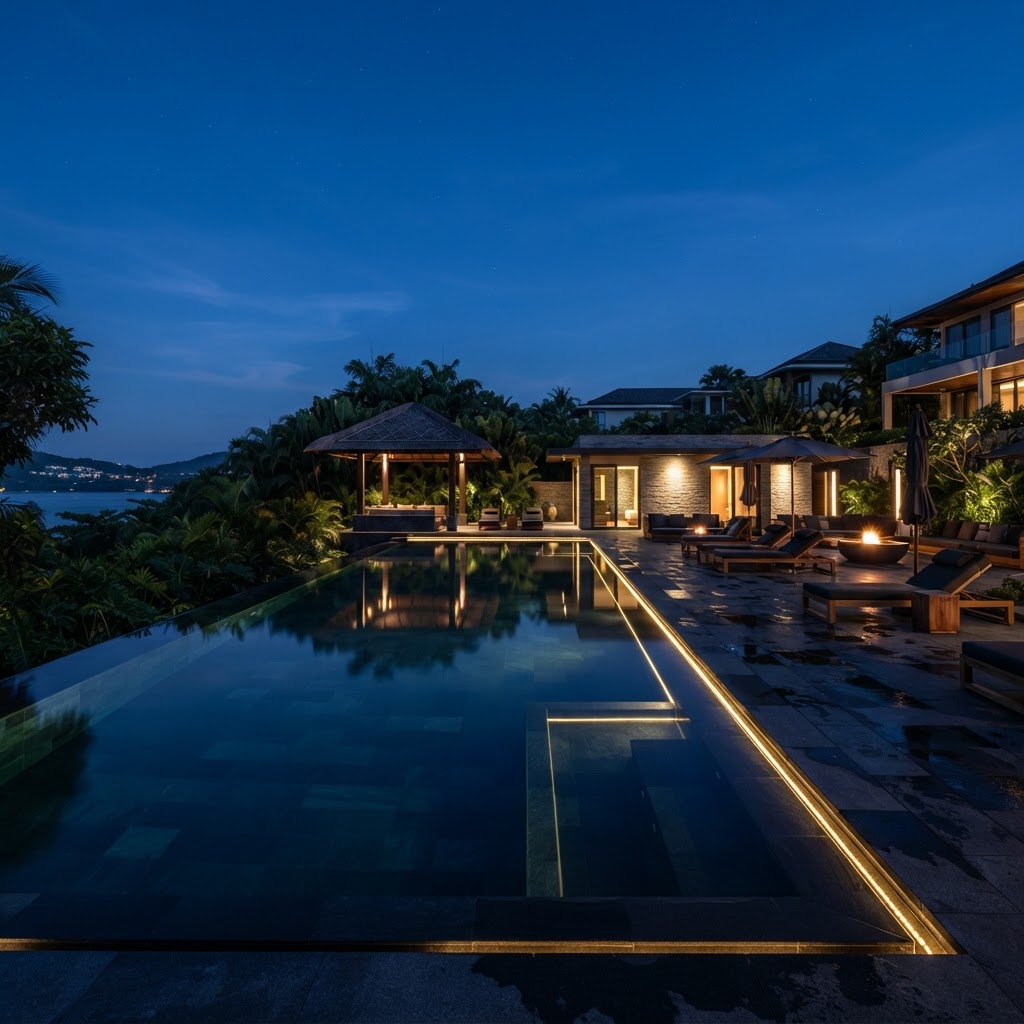 Área de lazer com piscina iluminada