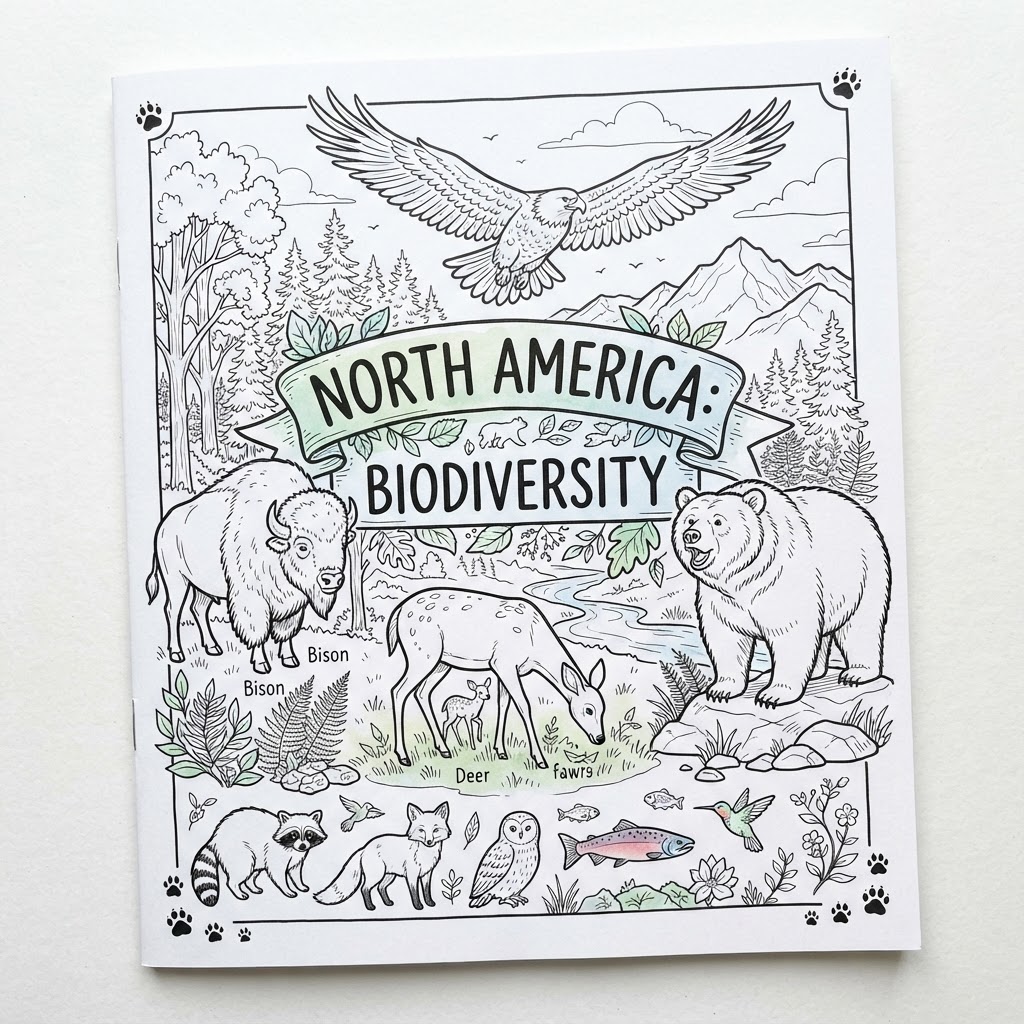North America: Biodiversity coloring book cover