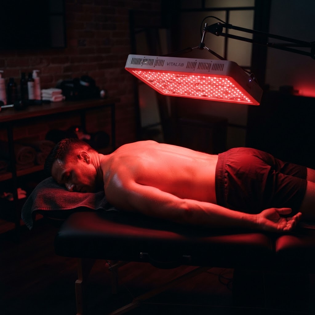 Athlete receiving red light therapy on a recovery table with a glowing red and near-infrared panel