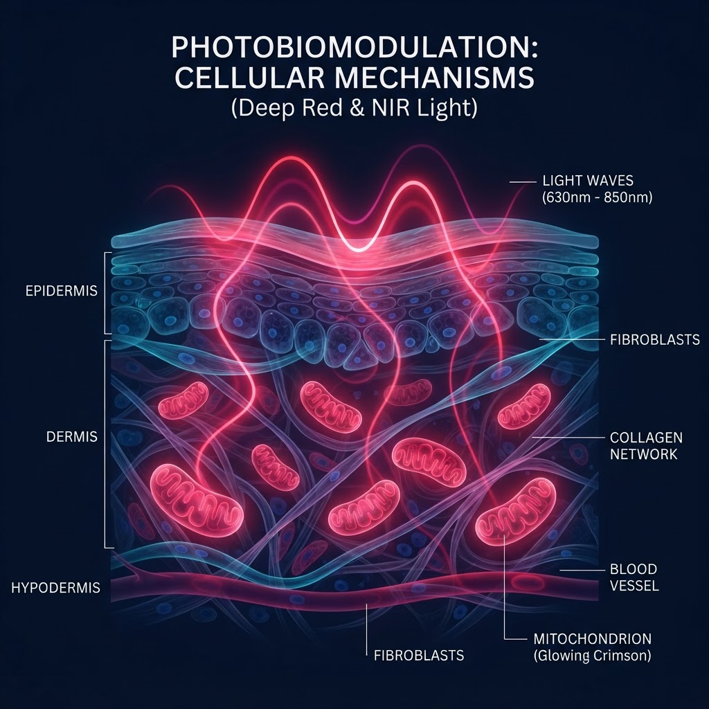 Visual of red and near-infrared light penetrating skin at the cellular level