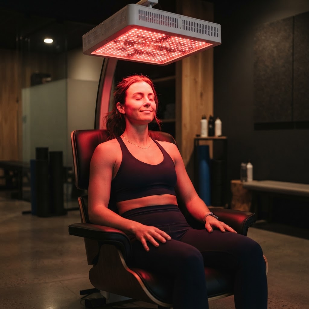 Athlete relaxing under a red light therapy panel in a recovery studio