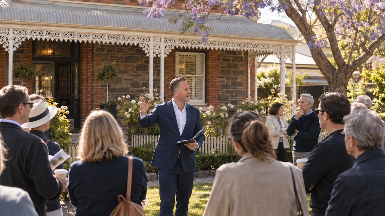 Jamie King calling an auction on the front lawn of an Adelaide villa