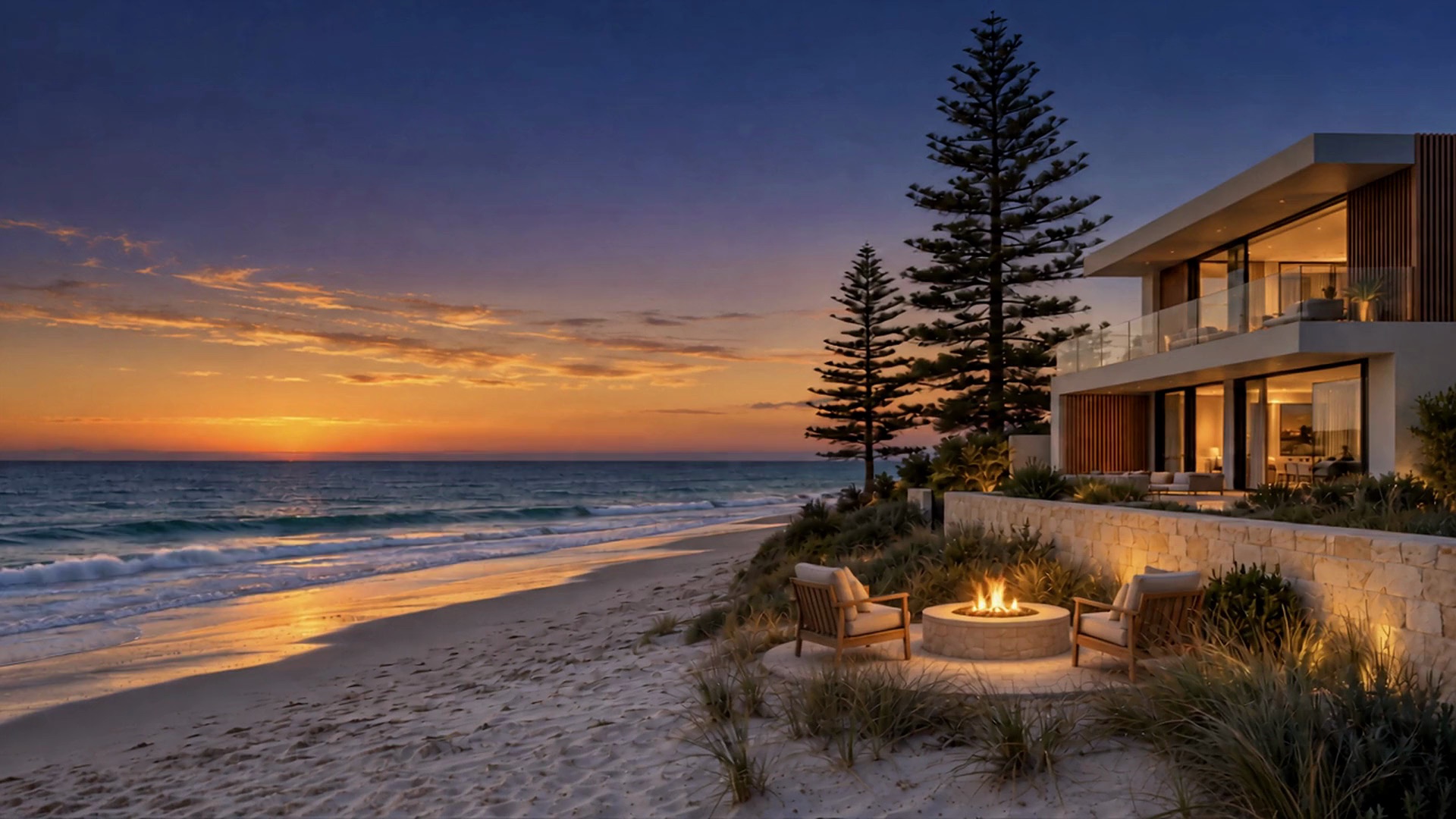 Beachfront home at sunset with a fire pit in the front yard