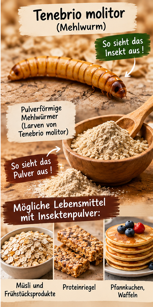 Infografik: Tenebrio molitor (Mehlwurm) als Lebensmittelzutat mit Pulver und möglichen Produkten wie Müsli, Proteinriegeln und Pfannkuchen
