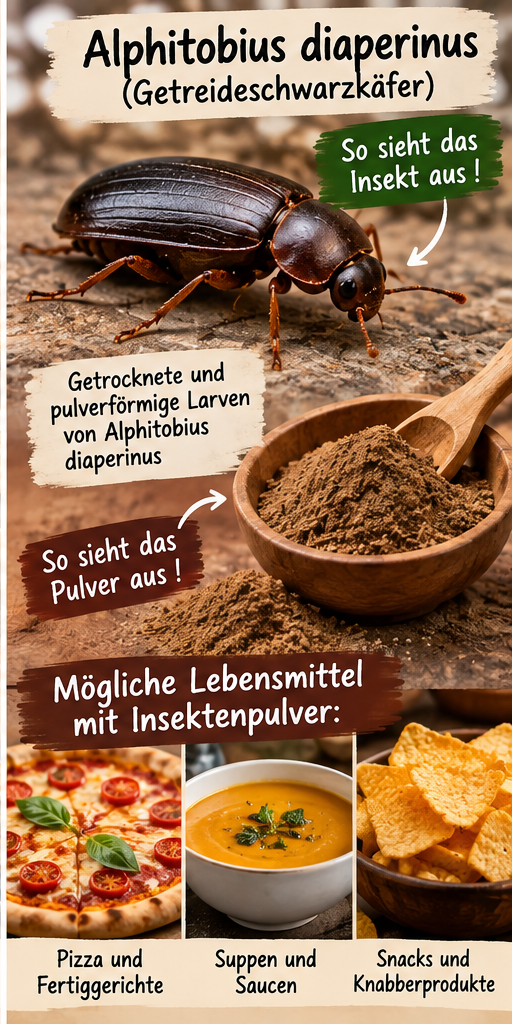 Infografik: Alphitobius diaperinus (Getreideschwarzkäfer) als Lebensmittelzutat mit Pulver und möglichen Produkten wie Pizza, Suppen und Snacks