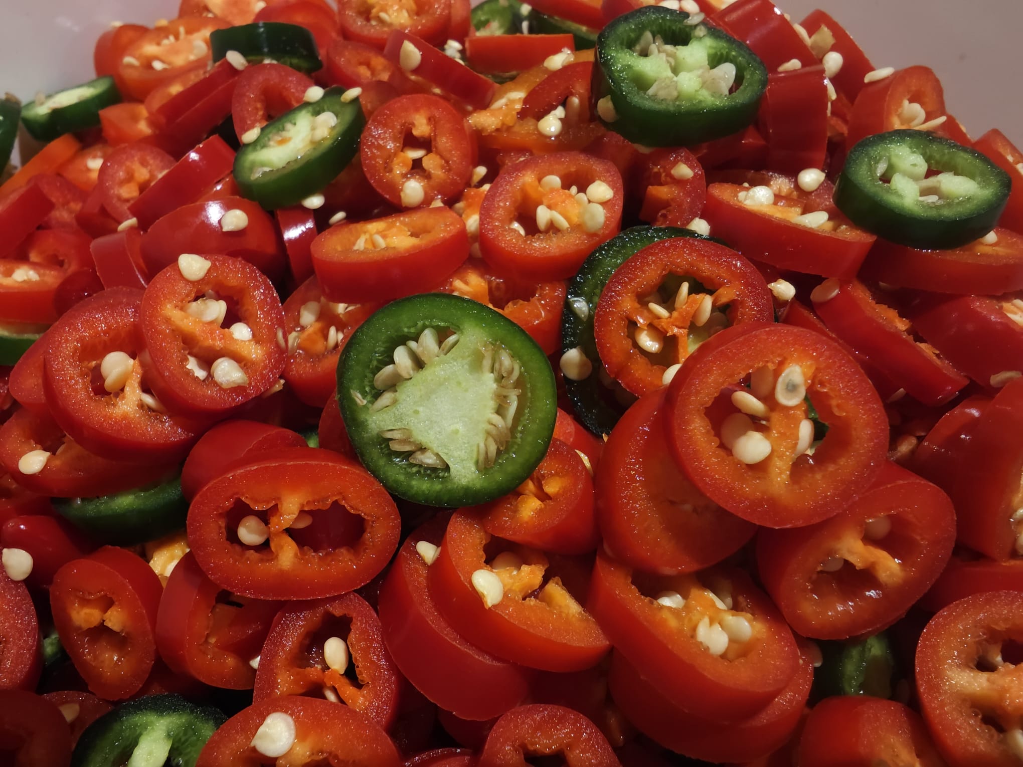 Viele in Ringe geschnittene rote und grüne Chilis